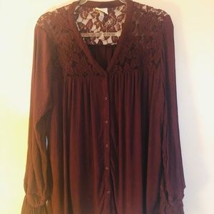 Burgundy Lace Embellished Long Sleeve Blouse